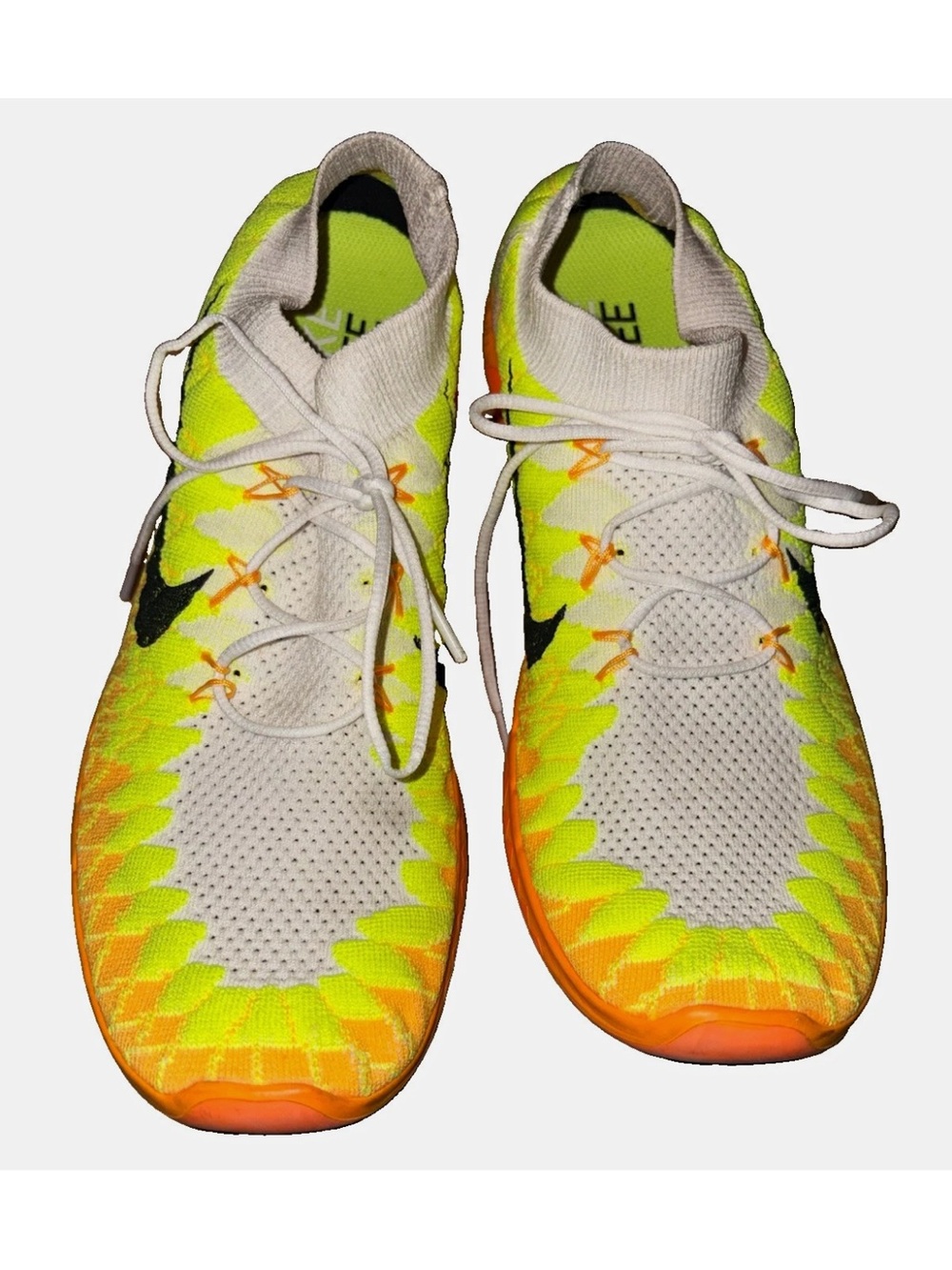Nike Flyknit Lace-Up Sneakers in Neon Yellow, Orange & White
